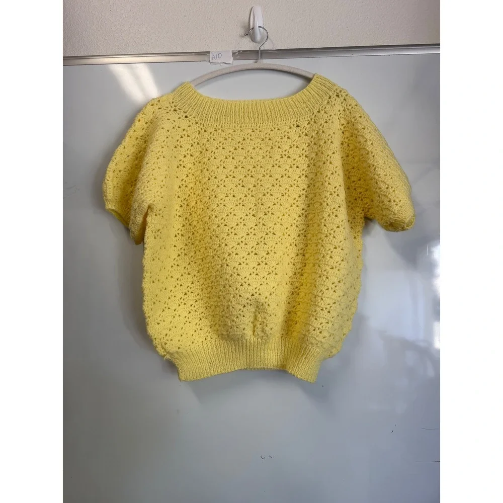 Vintage Yellow Crochet Knit Short Sleeve Sweater Pointelle Crew Neck Top